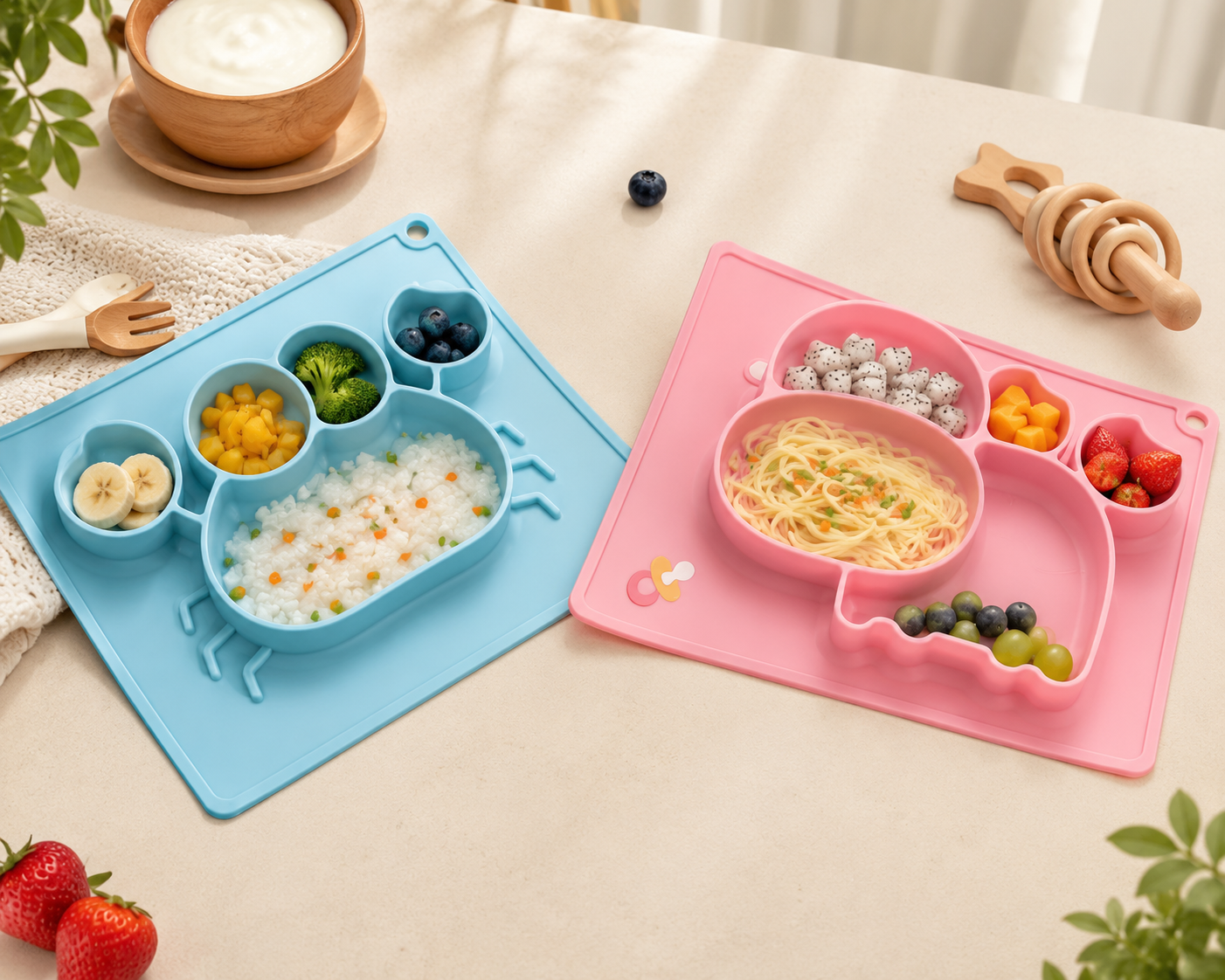Silicone Baby Feeding Mat with Divided Plate | BPA Free Baby Placemat | Baby-Led Weaning Plate | Pink Sky Blue