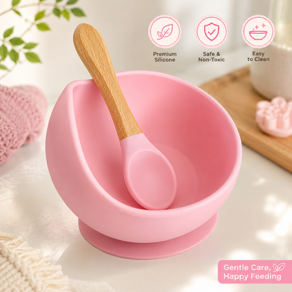 Baby Silicone Suction Bowl with Wooden Spoon | BPA Free Feeding Bowl | Food Grade Silicone | Pink Sky Blue Beige