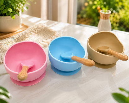 Baby Silicone Suction Bowl with Wooden Spoon | BPA Free Feeding Bowl | Food Grade Silicone | Pink Sky Blue Beige