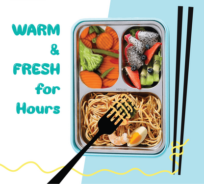 Spot Hunt Stainless Steel Table Lunch Box 3 Compartment Leak-Proof BPA Free With Spoon, Chopstick & Fork -710 ML - Color & Design May Vary