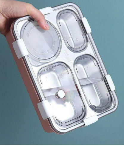 4 compartment stainless steel lunch box with Fork,Chopstick & Spoon Lid Office Food