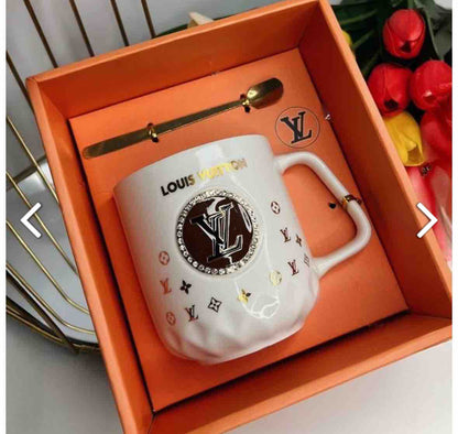 ceramic mug Starbucks, Dior, Louis Vuitton, Chanel, and Gucci.