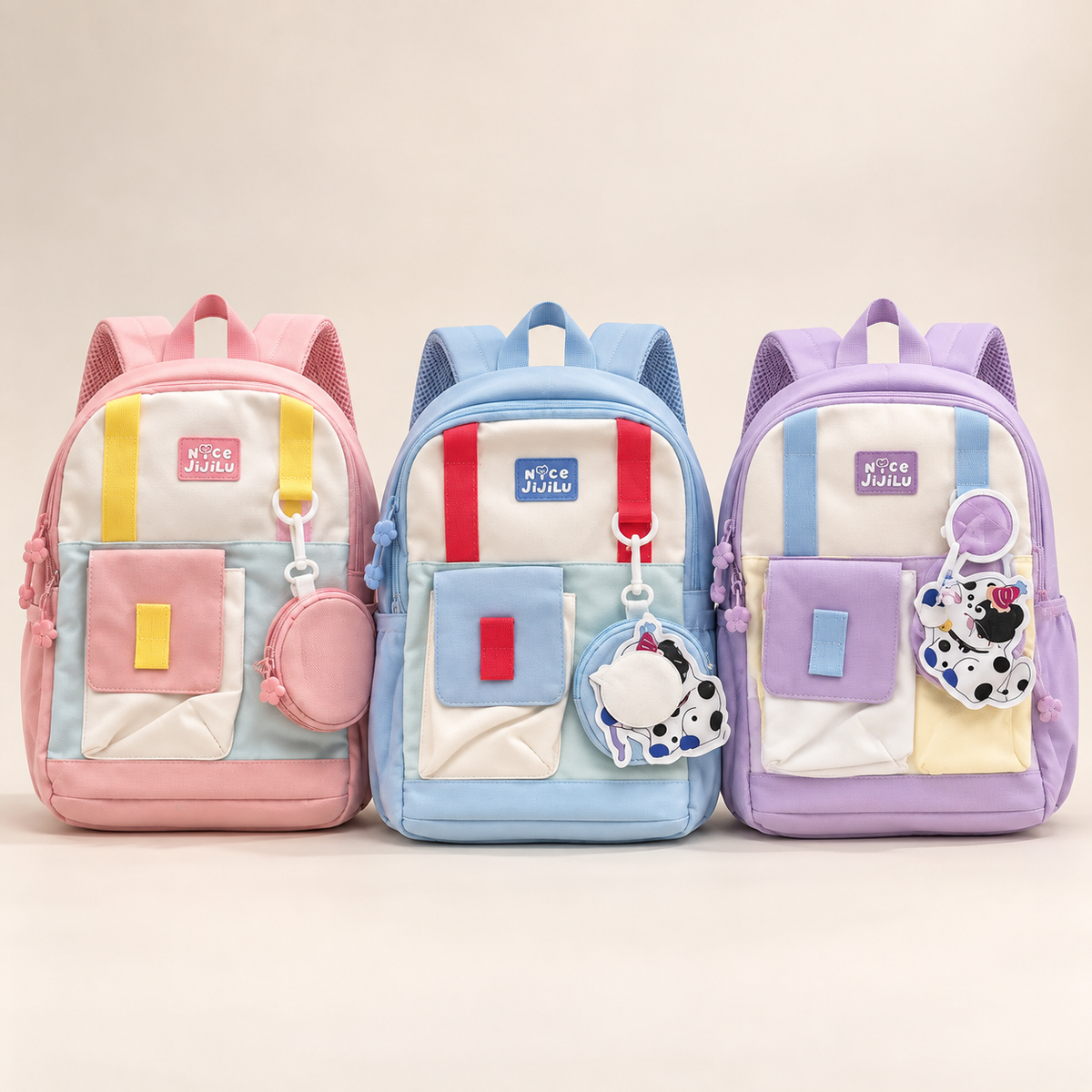 Cute Pastel Kids Backpack with Cartoon Cow Charm – Pink, Blue & Purple