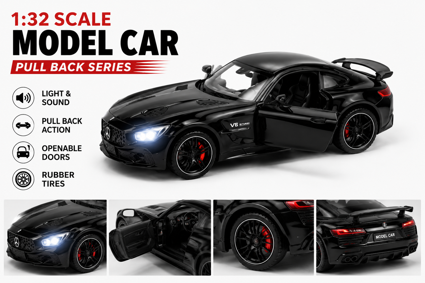 1:32 Die-Cast Sports Car Model with Light & Sound | Pull Back Action Car | Openable Doors | Premium Metal Toy Car for Kids & Collectors