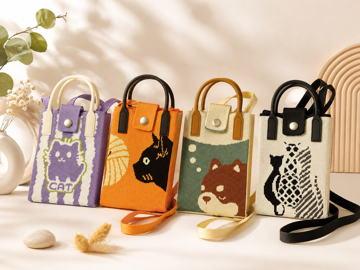 Spothunt Cute Cartoon Knitted Crossbody Tote Bag for Women & Girls | Mini Shoulder Handbag with Top Handle