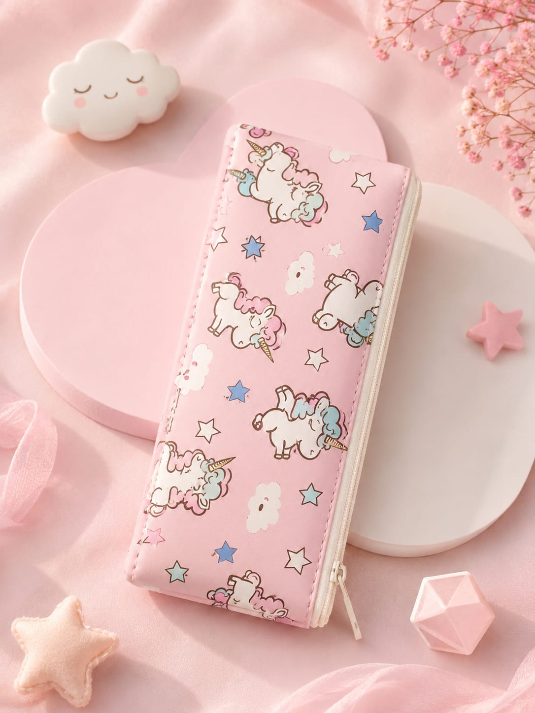 Pink cartoon kids pencil pouch with unicorn, mermaid, astronaut & animal prints.