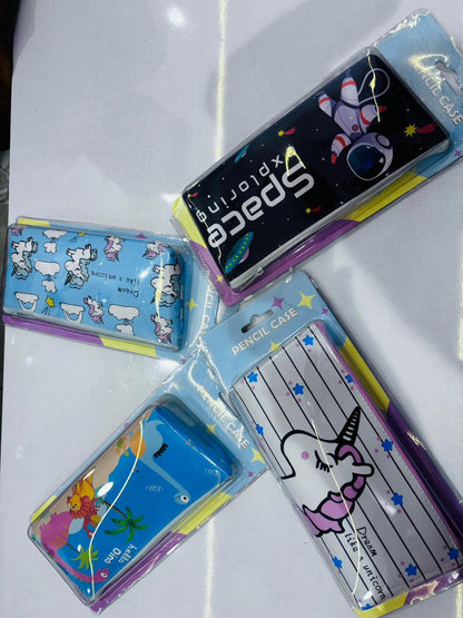 Cute cartoon kids pencil pouch with Multi colour unicorn, mermaid, astronaut & animal prints.