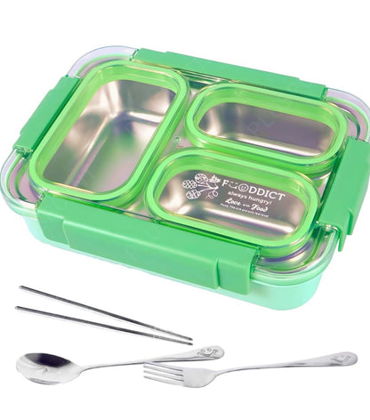 Spot Hunt Stainless Steel Table Lunch Box 3 Compartment Leak-Proof BPA Free With Spoon, Chopstick & Fork -710 ML - Color & Design May Vary