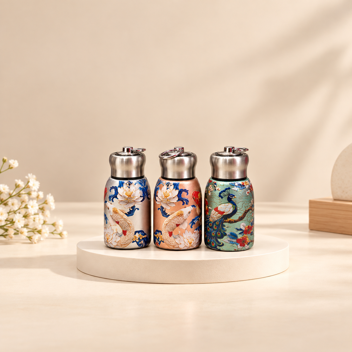 Peacock Printed Stainless Steel Water Bottle with Metal Loop Cap 300ml