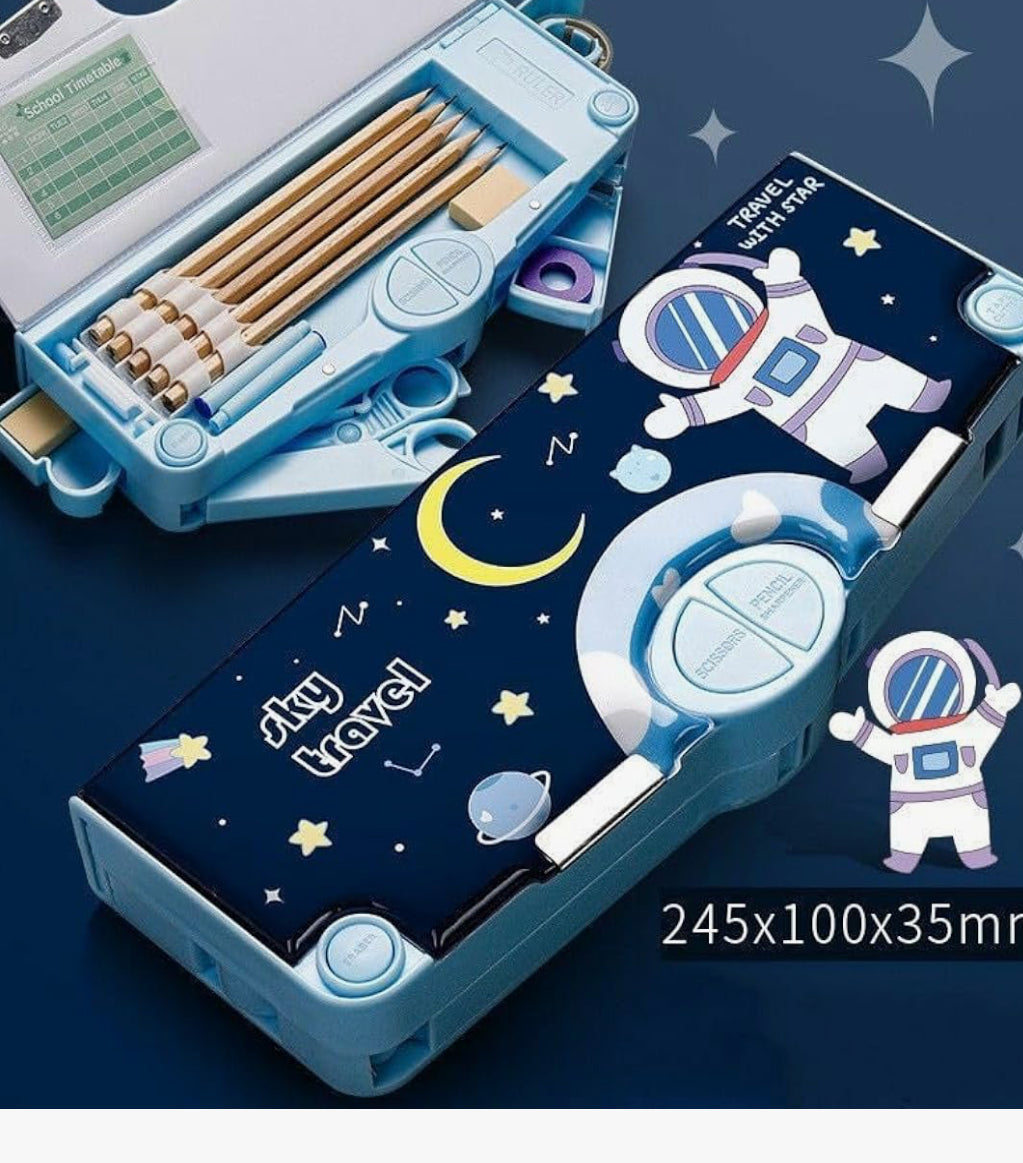 Spot Hunt Jumbo Size Multi-Functional Astronaut Space Theme Pencil Modern Geometry Box with Accessories | Gifts for Kids (Plastic, Blue)