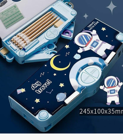 Spot Hunt Jumbo Size Multi-Functional Astronaut Space Theme Pencil Modern Geometry Box with Accessories | Gifts for Kids (Plastic, Blue)