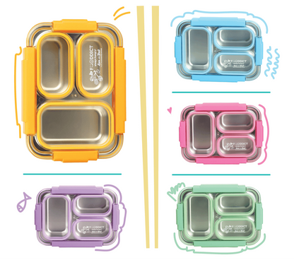 Spot Hunt Stainless Steel Table Lunch Box 3 Compartment Leak-Proof BPA Free With Spoon, Chopstick & Fork -710 ML - Color & Design May Vary