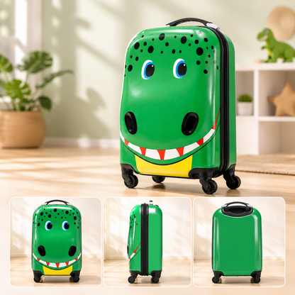 Green Dinosaur Kids Trolley Suitcase | Hard Shell Cabin Luggage with 360° Spinner Wheels