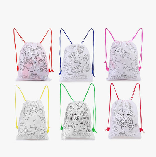 DIY Drawstring Dori Backpack for Kids in Cartoon Print, Washable, Reusable, Colouring, Non Woven Goodie Bag, Good Option for Birthday Return Gift or Kids Parties (Pack of 12)