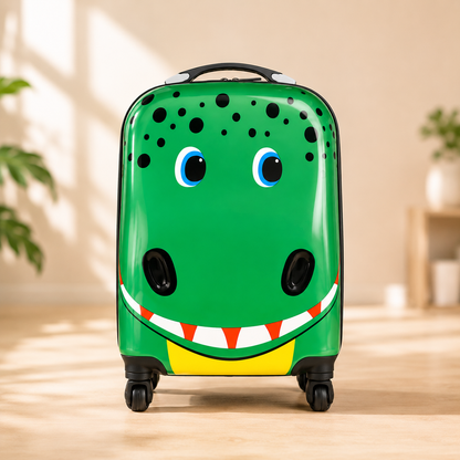 Green Dinosaur Kids Trolley Suitcase | Hard Shell Cabin Luggage with 360° Spinner Wheels