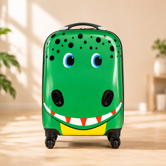 Green Dinosaur Kids Trolley Suitcase | Hard Shell Cabin Luggage with 360° Spinner Wheels
