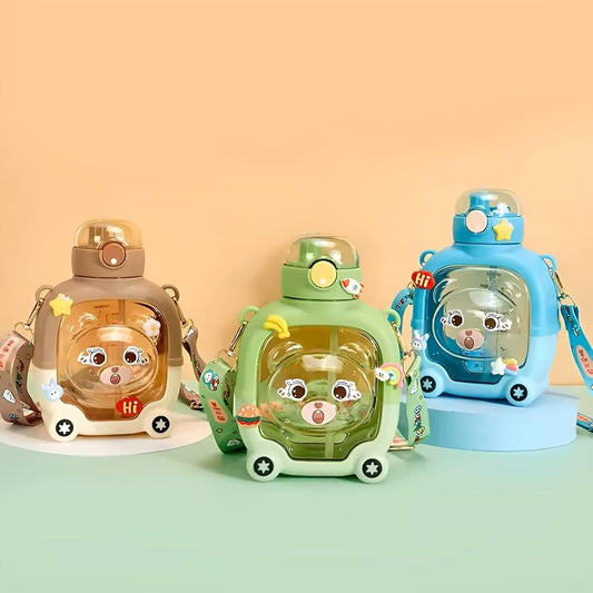 Spot hunt Bear glass bottle Cute Design Square Transparent Sipper Water Bottle, with Adjustable Strap with Free 3D Stickers For Boys and Girl's - 1000ml