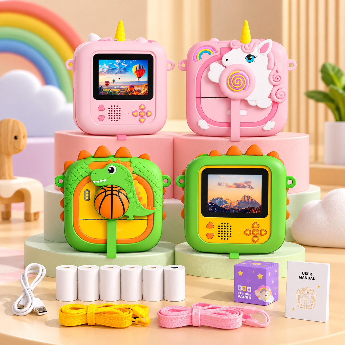 3D Kids Instant Print Camera with Paper Roll | Cute Cartoon Digital Toy Camera