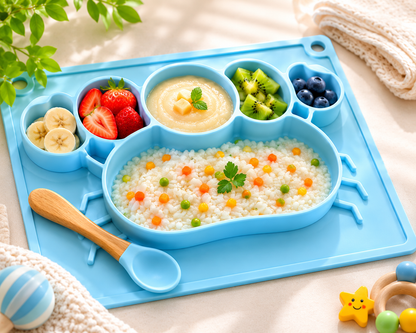 Silicone Baby Feeding Mat with Divided Plate | BPA Free Baby Placemat | Baby-Led Weaning Plate | Pink Sky Blue