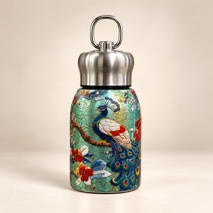 Peacock Printed Stainless Steel Water Bottle with Metal Loop Cap 300ml