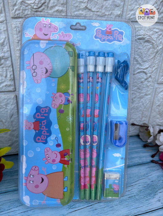 Spot Hunt Box Stationary Kit Set With Four Pencils/Eraser/Sharpener/Pencil Box/Pencil Grip For Navratri/Kanjak Gifts/Birthday Return Gifts In Bulk For Kids, Girls (Assorted, Pack Of 1)