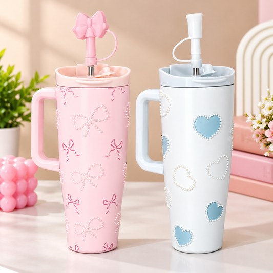 Bow Pearl Tumbler with Handle, Decorative Straw & Gift Box | Aesthetic Drinking Cup