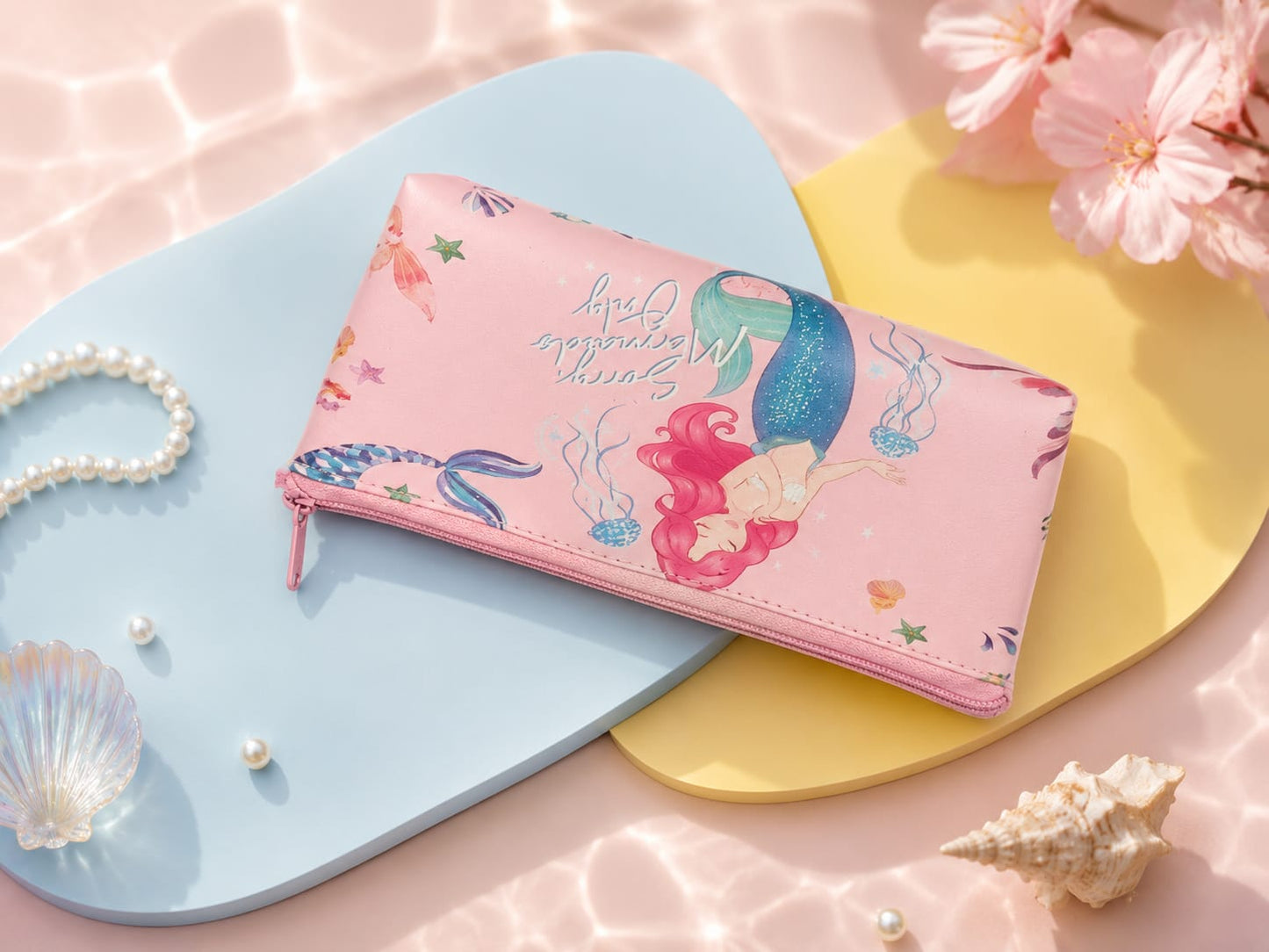 Pink cartoon kids pencil pouch with mermaid prints.