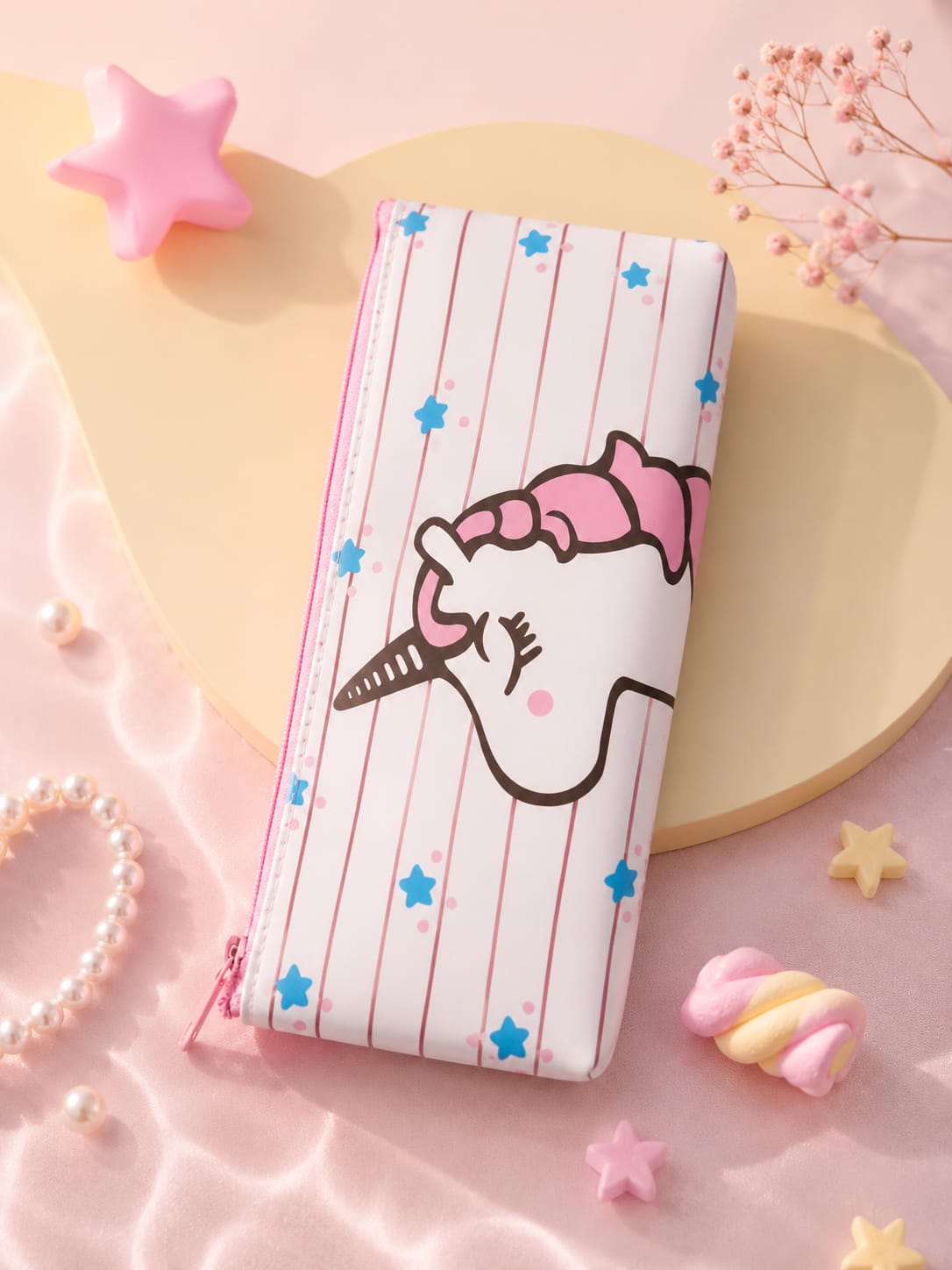 Pink cartoon kids pencil pouch with unicorn prints.