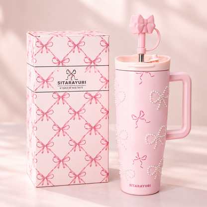 Bow Pearl Tumbler with Handle, Decorative Straw & Gift Box | Aesthetic Drinking Cup