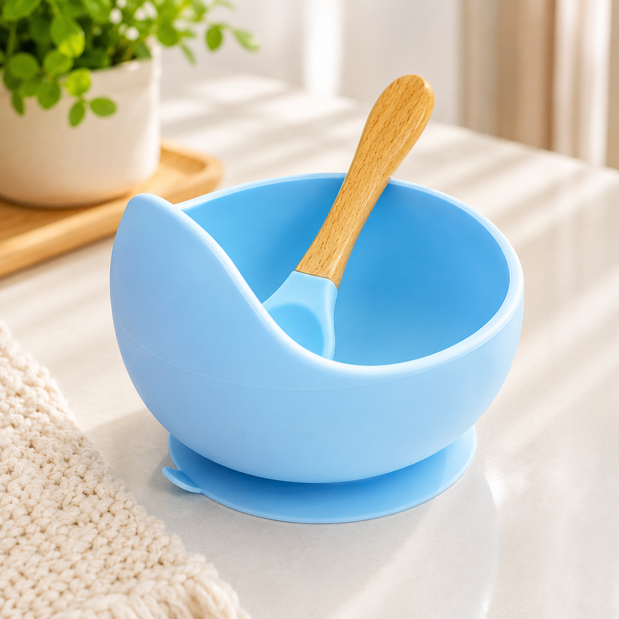 Baby Silicone Suction Bowl with Wooden Spoon | BPA Free Feeding Bowl | Food Grade Silicone | Pink Sky Blue Beige
