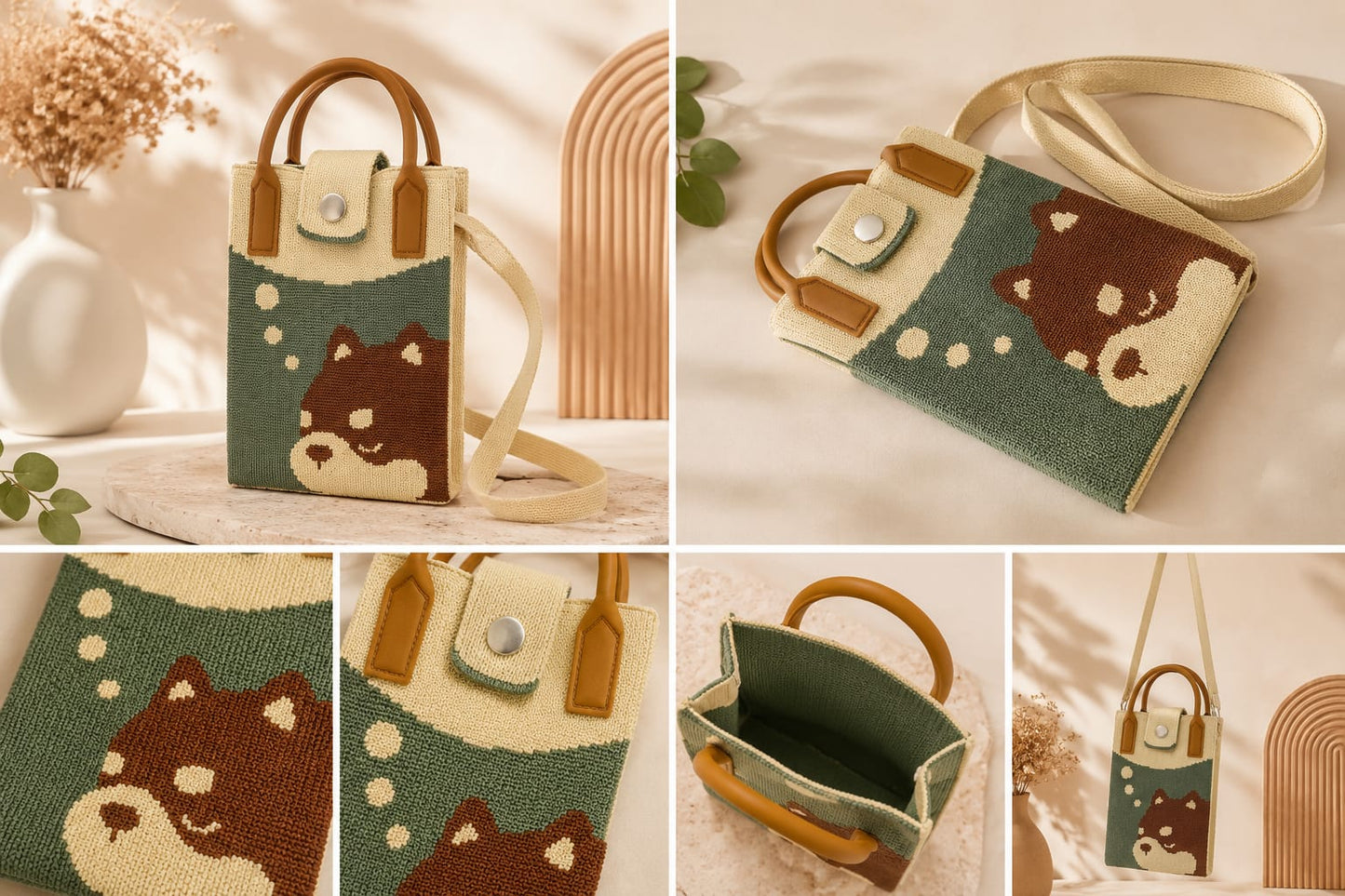 Spothunt Cute Cartoon Knitted Crossbody Tote Bag for Women & Girls | Mini Shoulder Handbag with Top Handle