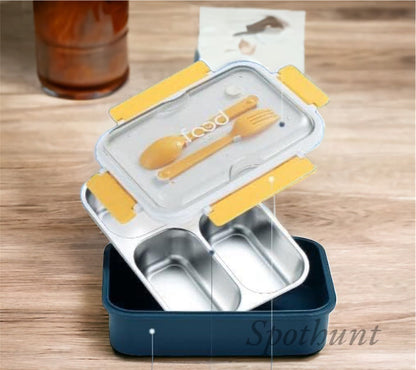 Stainless Steel 3 Compartment Insulated Lunch Box with Plastic Spoon Fork,Removable Inner Plate,Tiffin Box for Adults,Kids,Office,&School Multi-Color -Pack of 1