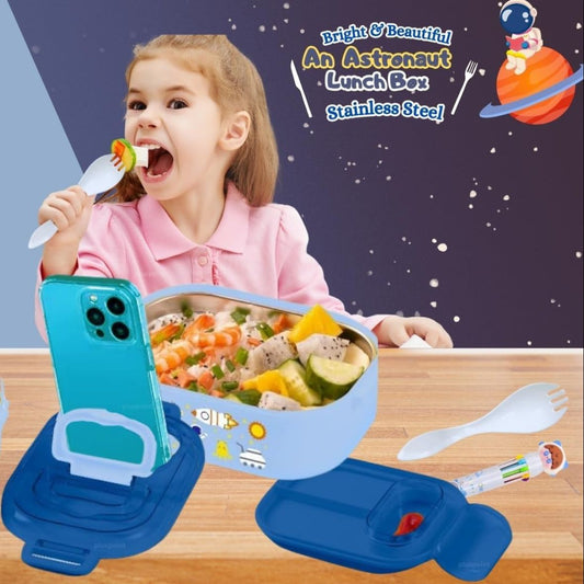 Stainless Steel Lunch Box For Kids Microwave Safe Insulated Tiffin Box Tableware Set Portable Containers Tiffin Box For School Boys, Girls (Astronaut), 700 ML
