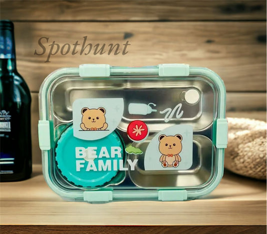 Bear family Lunch Box For Office | Lunch Box For School  | 0.7 Kg | 1200Ml (3 Compartment with bowl Stainless Steel), 1.2 Liter