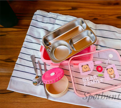 Bear family Lunch Box For Office | Lunch Box For School  | 0.7 Kg | 1200Ml (3 Compartment with bowl Stainless Steel), 1.2 Liter
