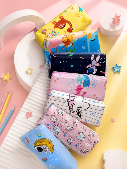 Cute cartoon printed kids pencil pouch collection featuring unicorn, mermaid, astronaut, dinosaur, and animal designs with zip closure for school stationery.