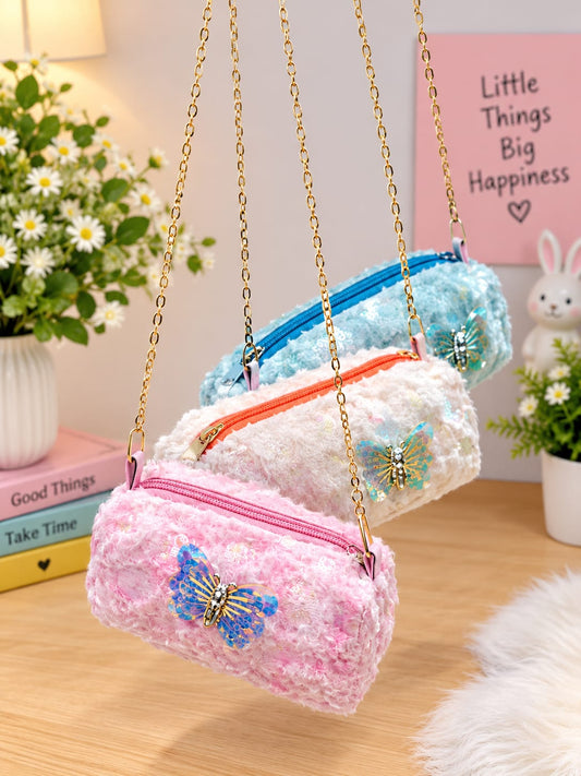 Set of 3 Cute Butterfly Fluffy Sling Bag for Girls 🎀 | Soft Plush Mini Shoulder Purse