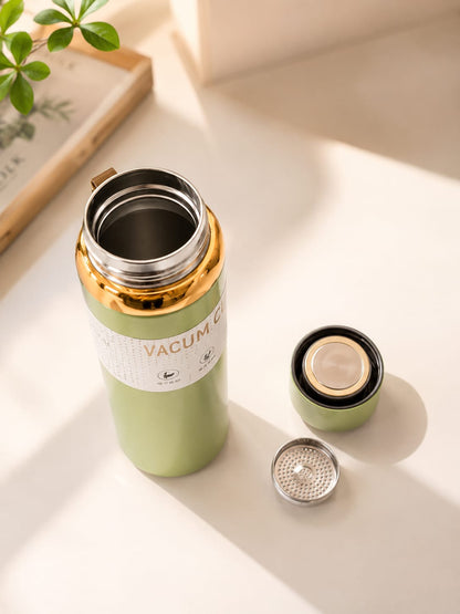Stainless Steel Vacuum Insulated Water Bottle with Leather Strap - Double Wall Thermos Flask for Hot & Cold Drinks
