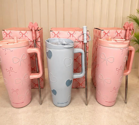 Bow Heart Stainless Steel Insulated Tumbler with Handle & Straw