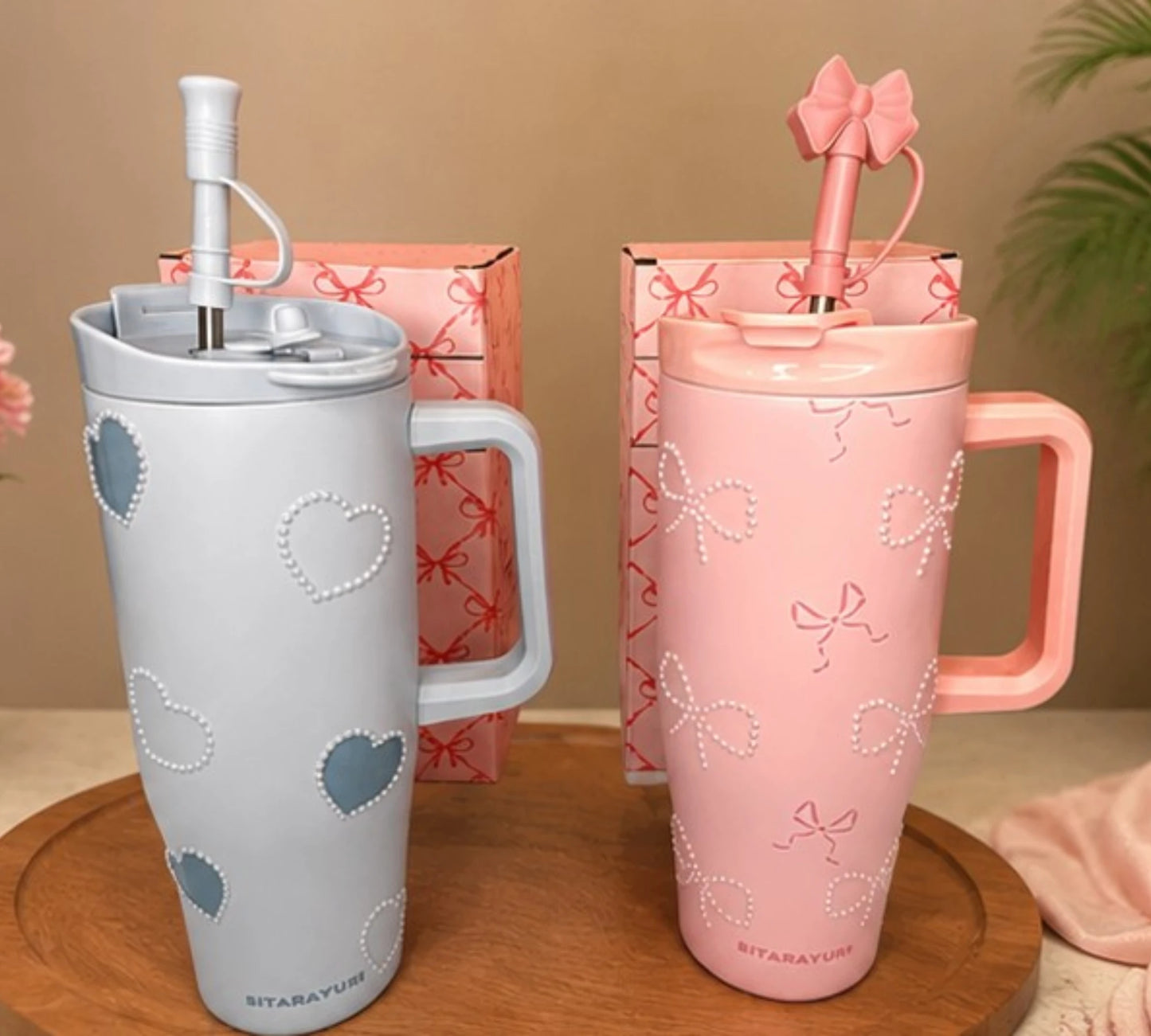 Bow Heart Stainless Steel Insulated Tumbler with Handle & Straw