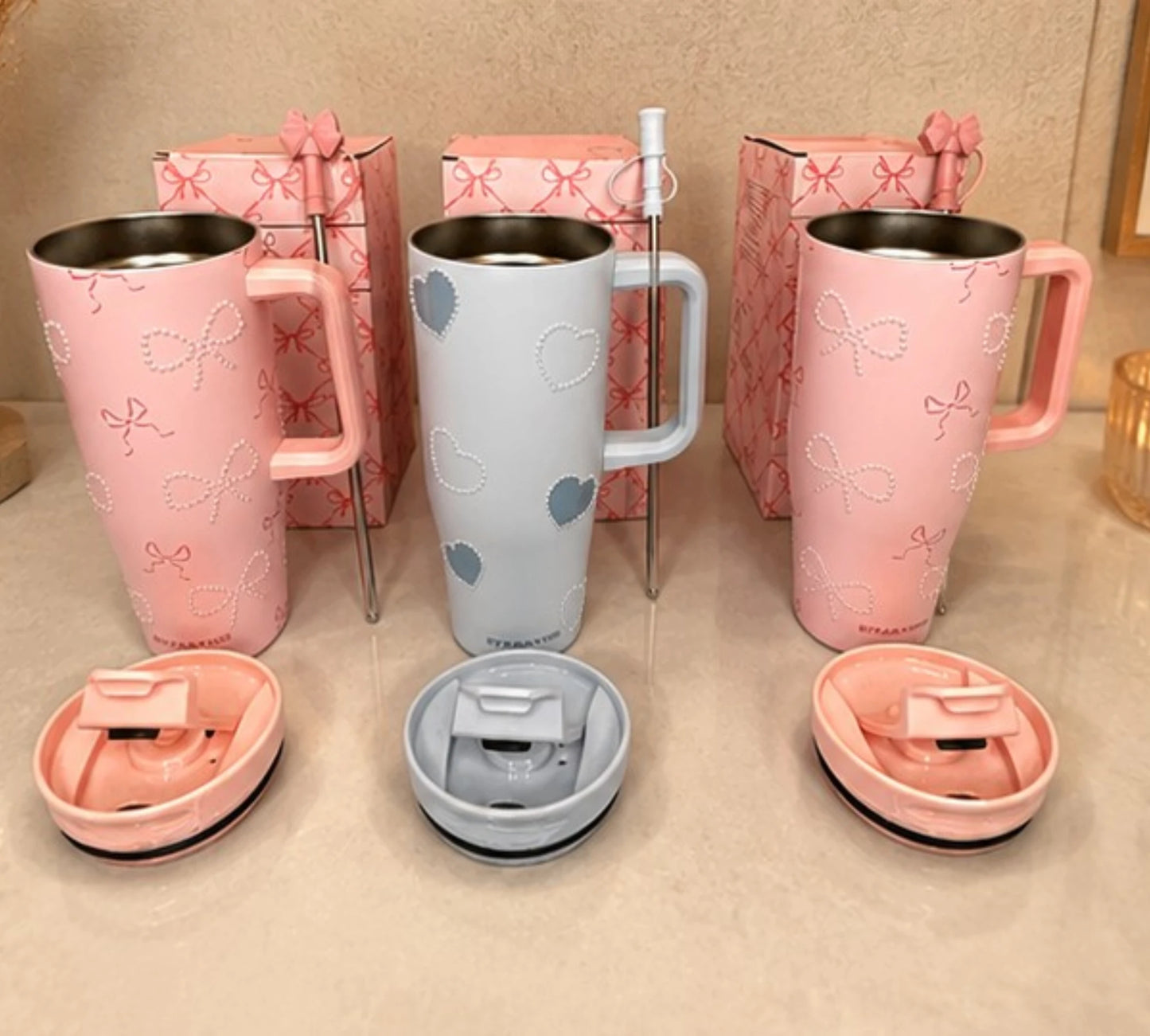 Bow Heart Stainless Steel Insulated Tumbler with Handle & Straw