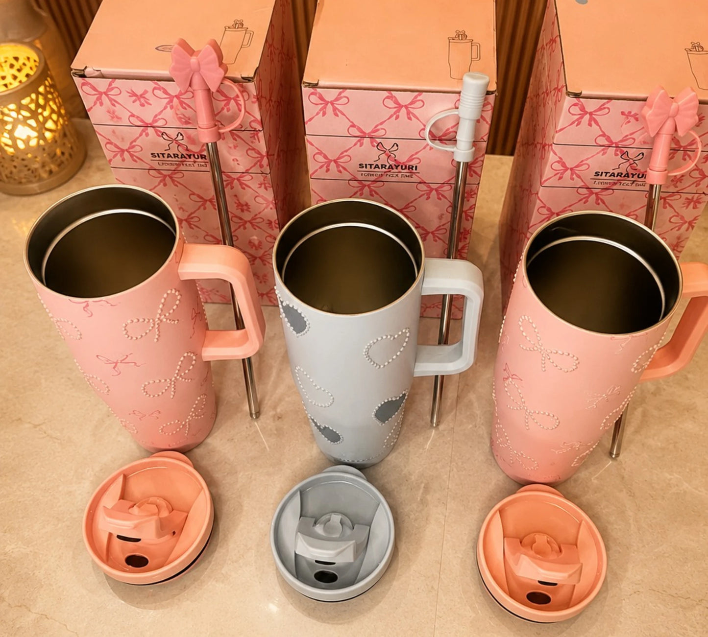 Bow Heart Stainless Steel Insulated Tumbler with Handle & Straw