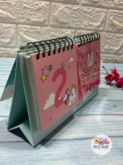 Unicorn Flip Calendar (1 pcs) Unicorn Theme Desk Calendar, Daily Date Universal Calendar, 12 Months Calendar for Kids Girls, Spiral Foldable Flip Calendar