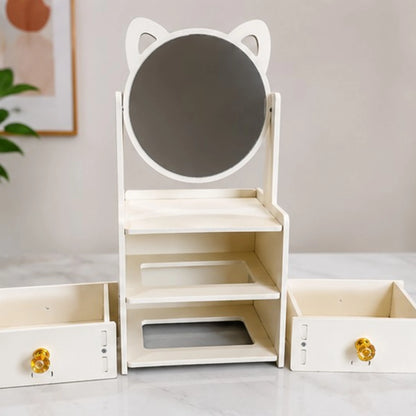 Cat Ear Wooden Desktop Organizer with Mirror & 2 Storage Drawers