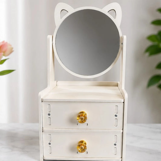 Cat Ear Wooden Organizer with Mirror & 2 Storage Drawers