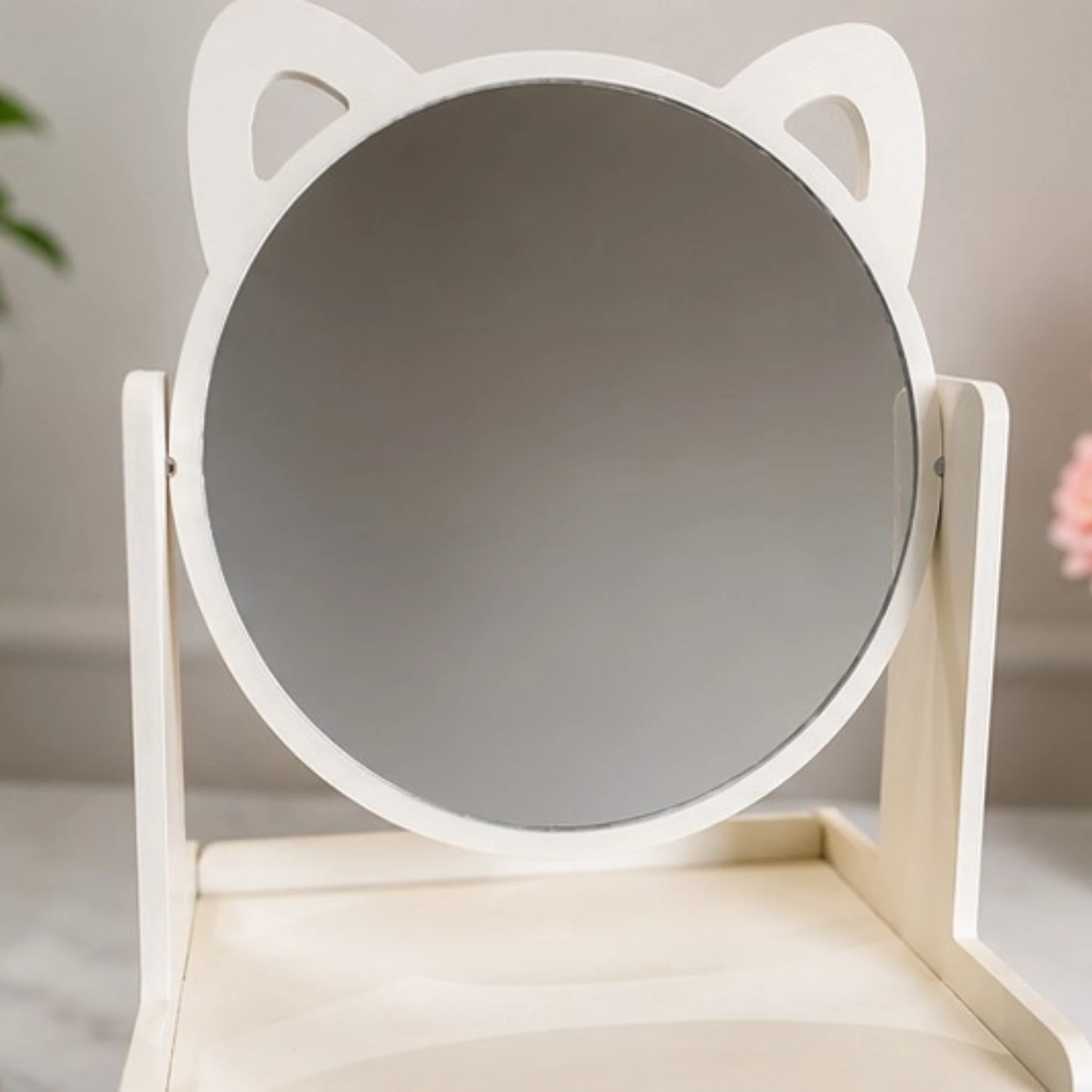 Cat Ear Wooden Desktop Organizer with Mirror & 2 Storage Drawers