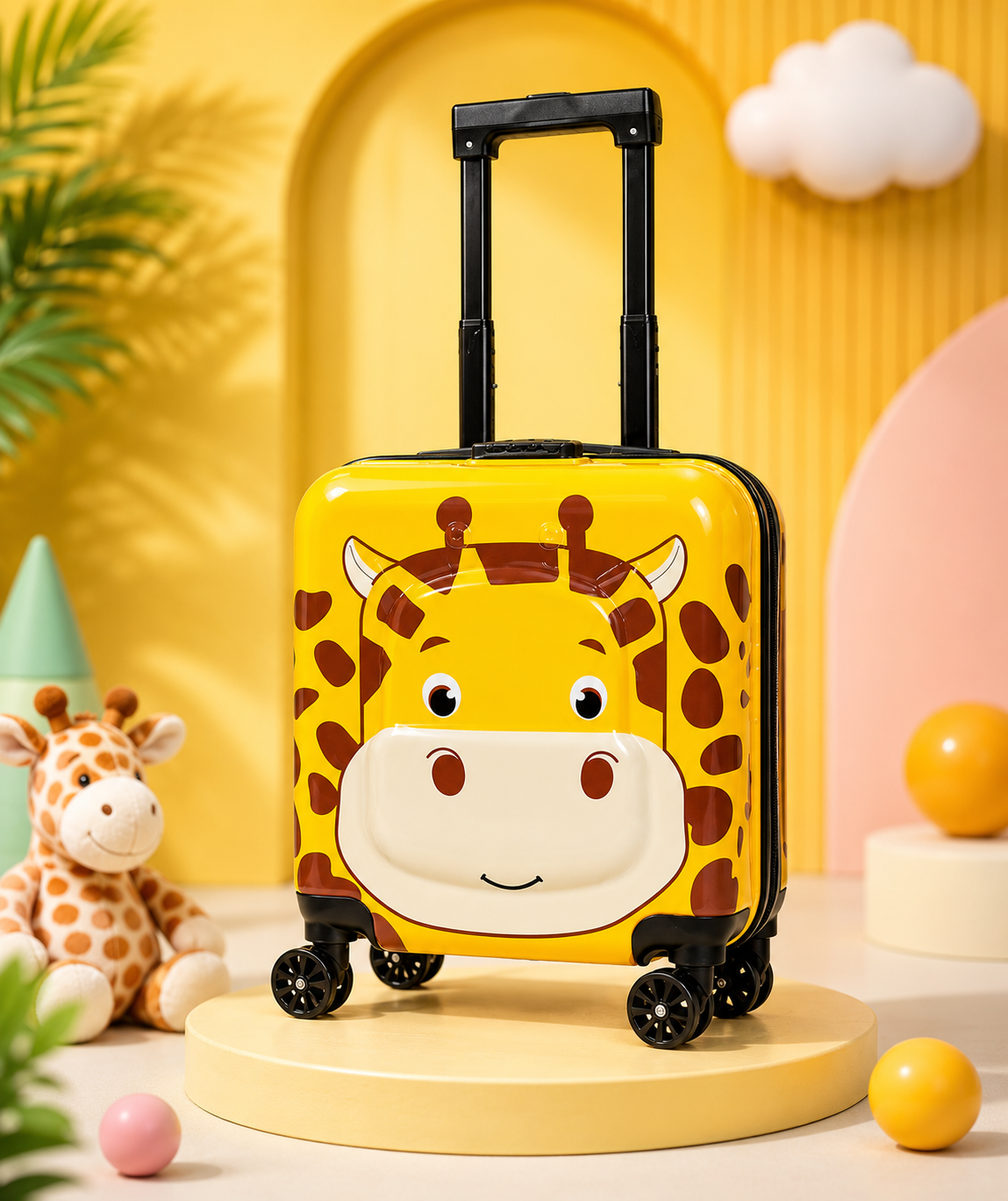 Spot Hunt kids animal hard shell trolley bag with 360° spinner wheels, adjustable telescopic handle, lightweight cartoon travel suitcase for boys and girls.