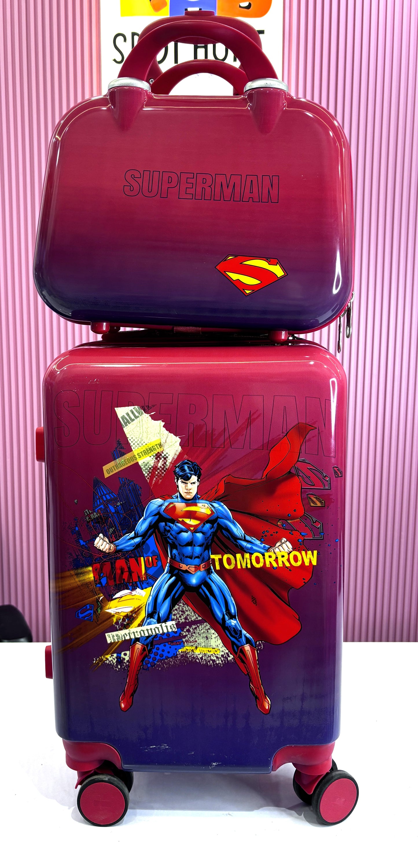 Assorted kids character luggage sets with matching vanity cases in multiple cartoon designs.