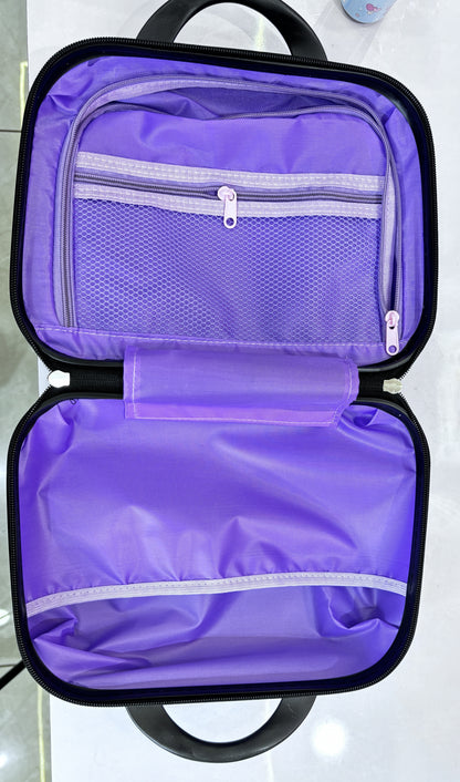 Assorted kids character luggage sets with matching vanity cases in multiple cartoon designs.