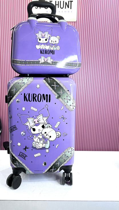 Assorted kids character luggage sets with matching vanity cases in multiple cartoon designs.